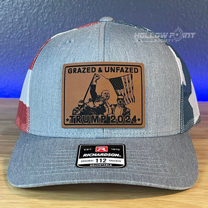 Trump Hat GRAZED & UNFAZED Leather Patch SnapBack Trucker Hat Stars & Stripes - Hollow Point Society - Patch Hat