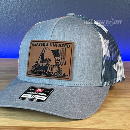 Trump Hat GRAZED & UNFAZED Leather Patch SnapBack Trucker Hat Stars & Stripes - Hollow Point Society - Patch Hat