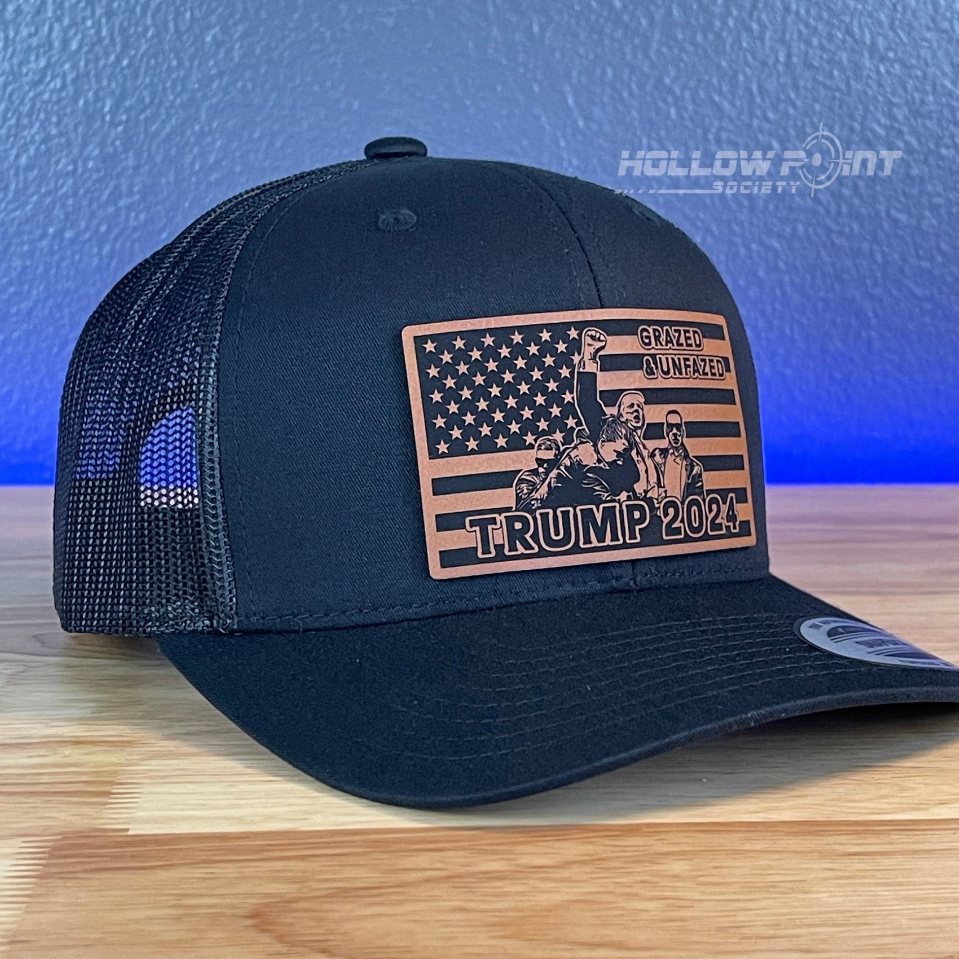 Grazed & Unfazed Trump 2024 SnapBack Trucker Rawhide Leather Flag Patch Black Hat - Hollow Point Society - Patch Hat