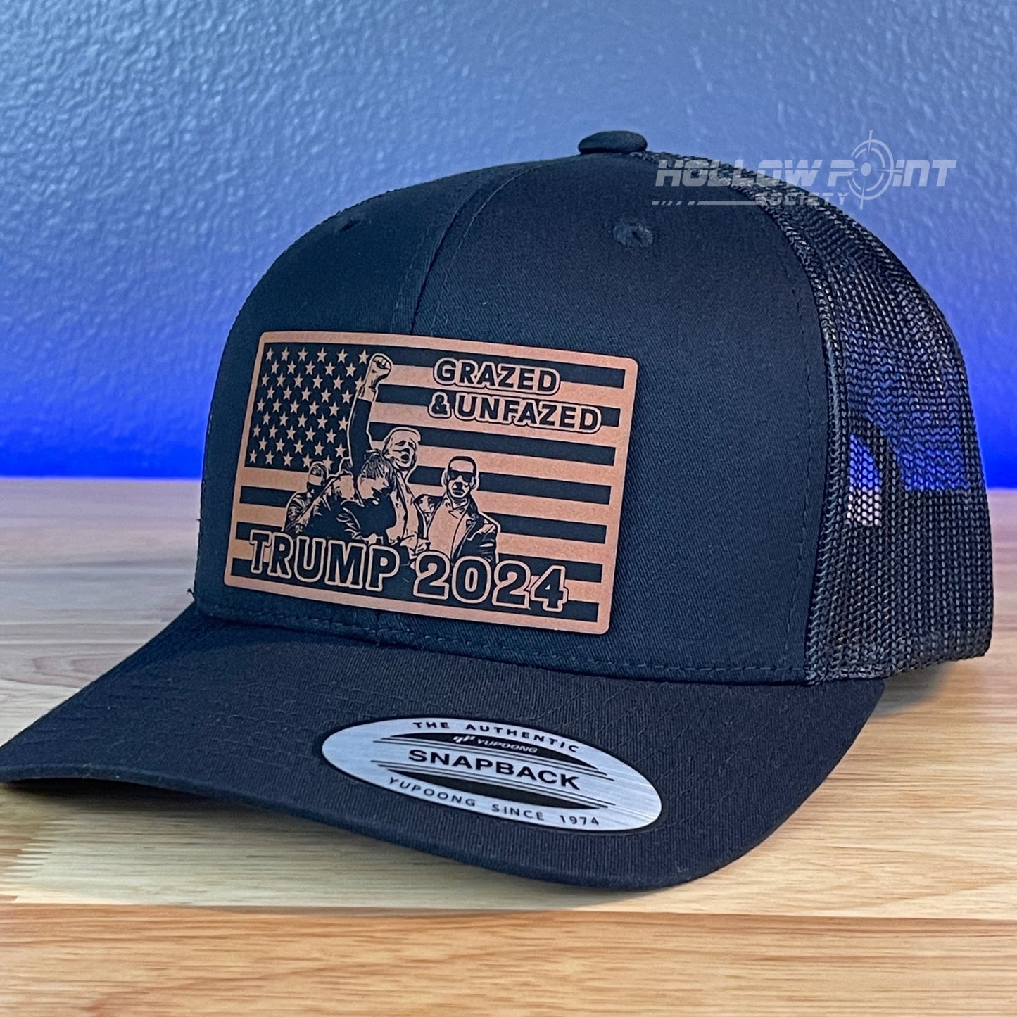 Grazed & Unfazed Trump 2024 SnapBack Trucker Rawhide Leather Flag Patch Black Hat - Hollow Point Society - Patch Hat