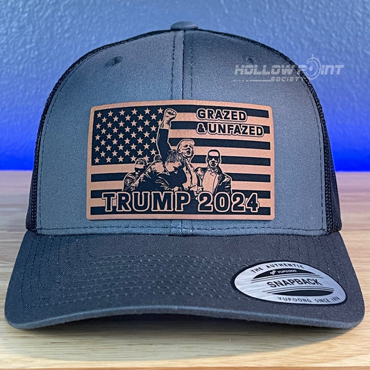 Grazed & Unfazed Trump 2024 SnapBack Trucker Rawhide Leather Flag Patch Charcoal Hat - Hollow Point Society - Patch Hat