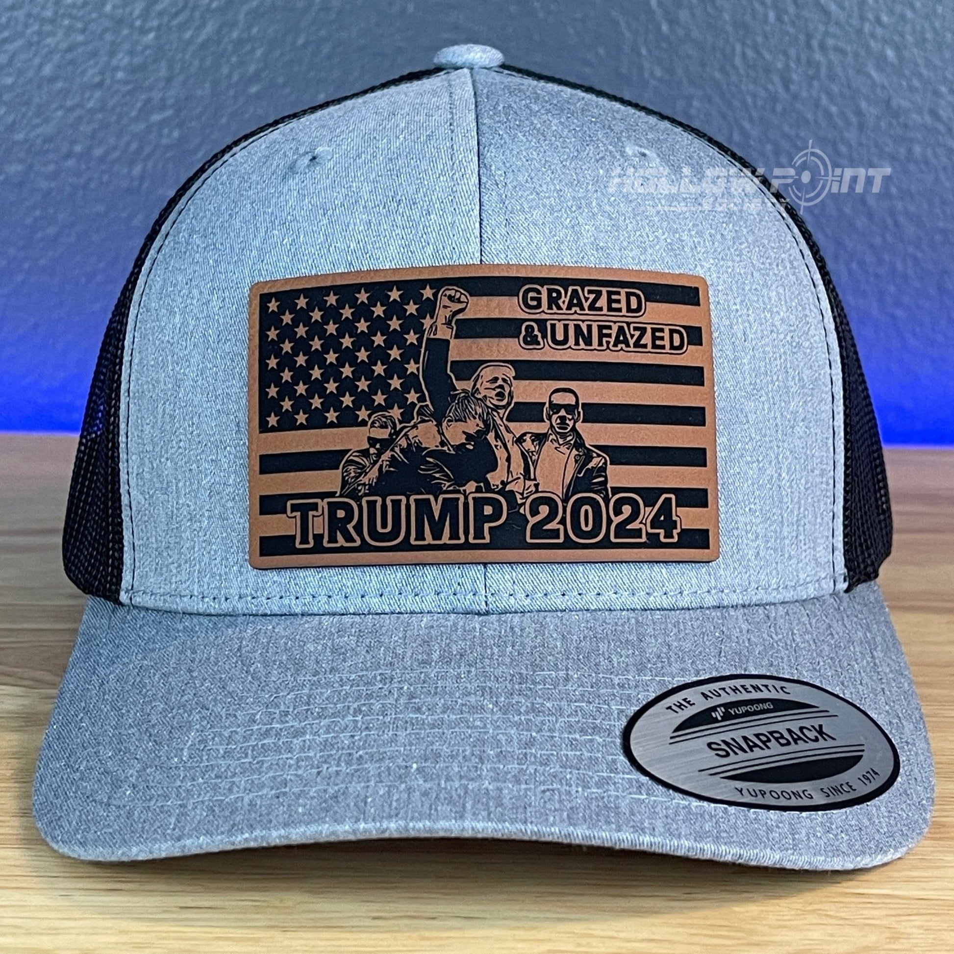 GRAZED & UNFAZED TRUMP 2024 SnapBack Trucker Rawhide Leather Flag Patch Hat - Hollow Point Society - Patch Hat