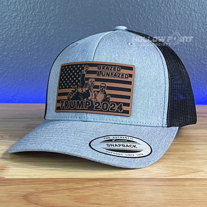 GRAZED & UNFAZED TRUMP 2024 SnapBack Trucker Rawhide Leather Flag Patch Hat - Hollow Point Society - Patch Hat