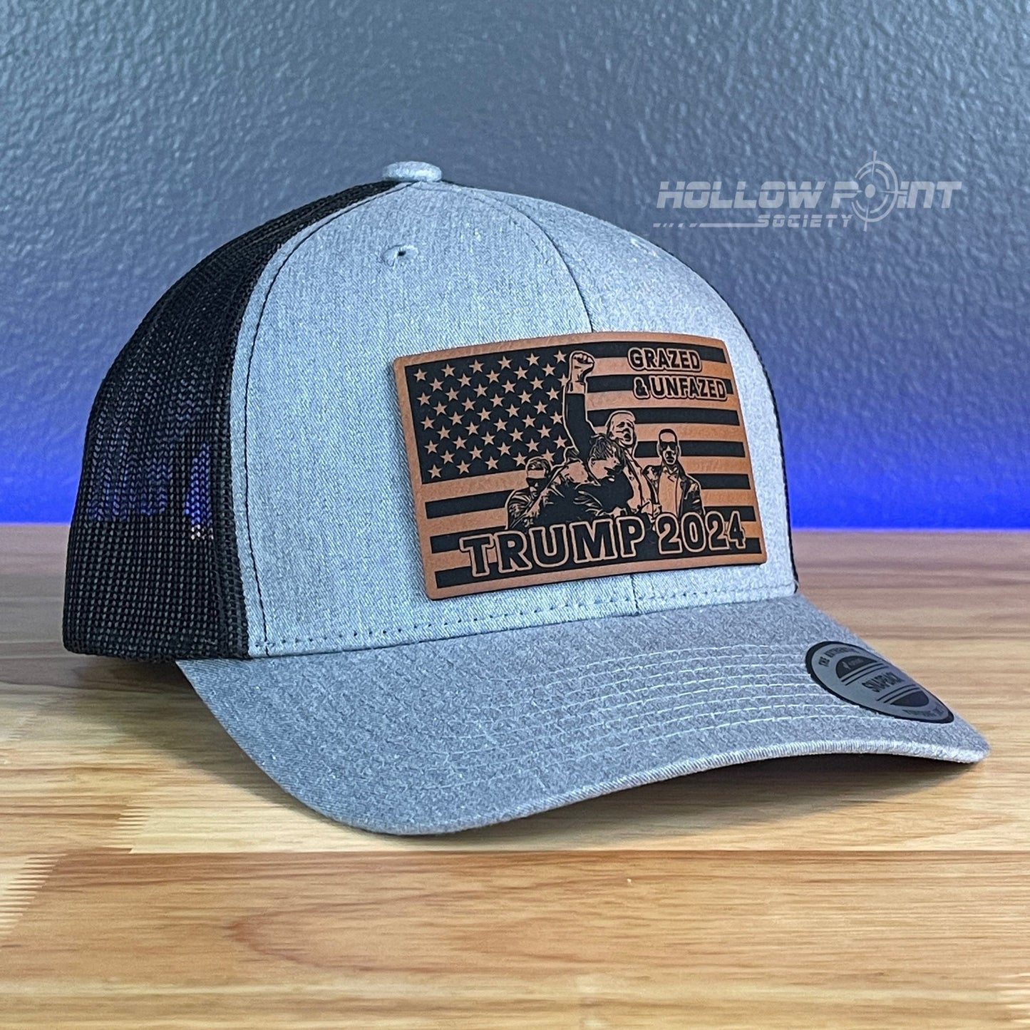 GRAZED & UNFAZED TRUMP 2024 SnapBack Trucker Rawhide Leather Flag Patch Hat - Hollow Point Society - Patch Hat