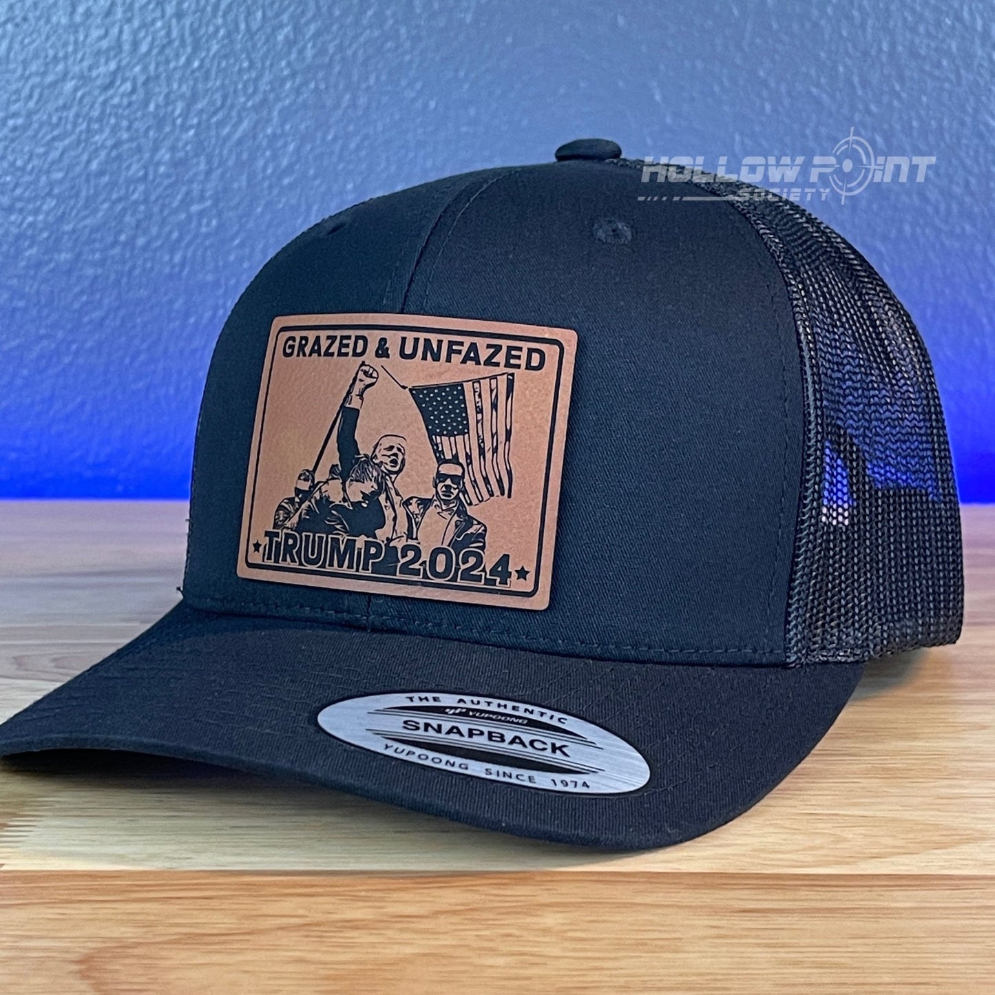 Grazed & Unfazed Trump 2024 SnapBack Trucker Rawhide Leather Patch Black Hat - Hollow Point Society - Patch Hat