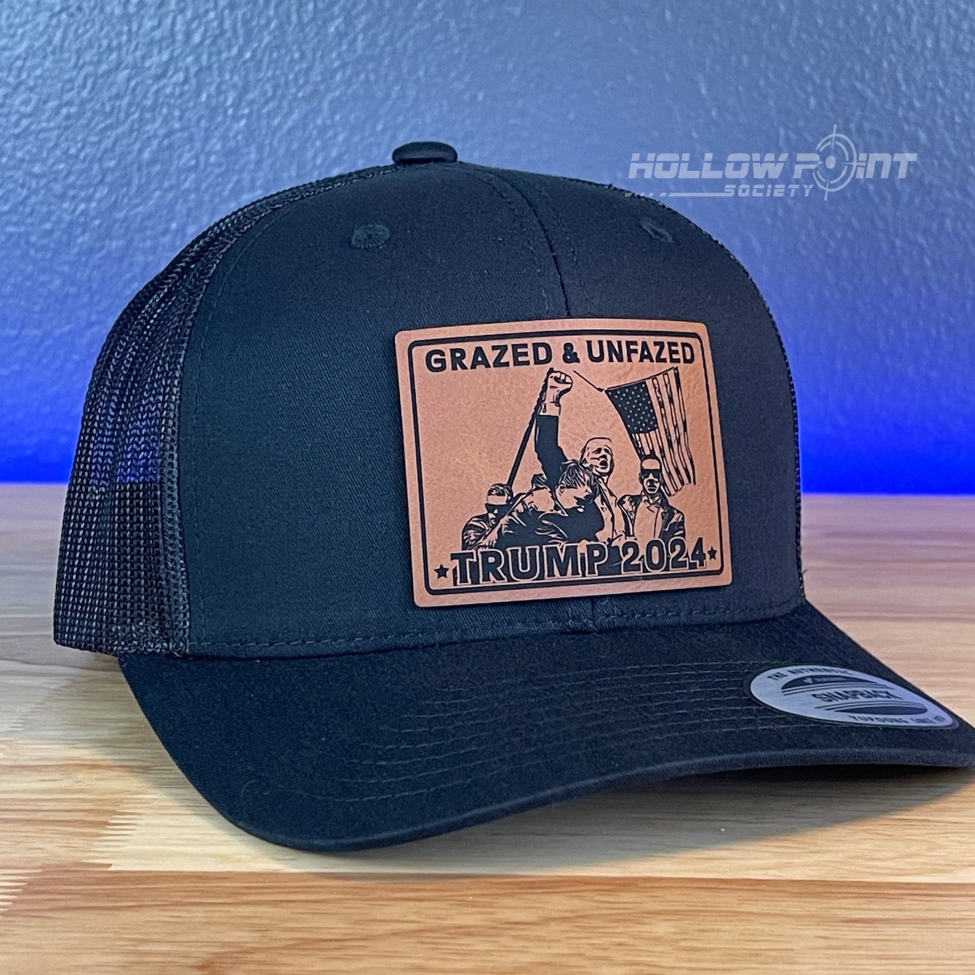 Grazed & Unfazed Trump 2024 SnapBack Trucker Rawhide Leather Patch Black Hat - Hollow Point Society - Patch Hat