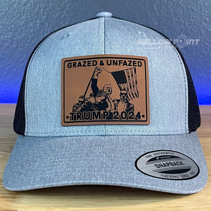 GRAZED & UNFAZED TRUMP 2024 SnapBack Trucker Rawhide Leather Patch Hat - Hollow Point Society - Patch Hat