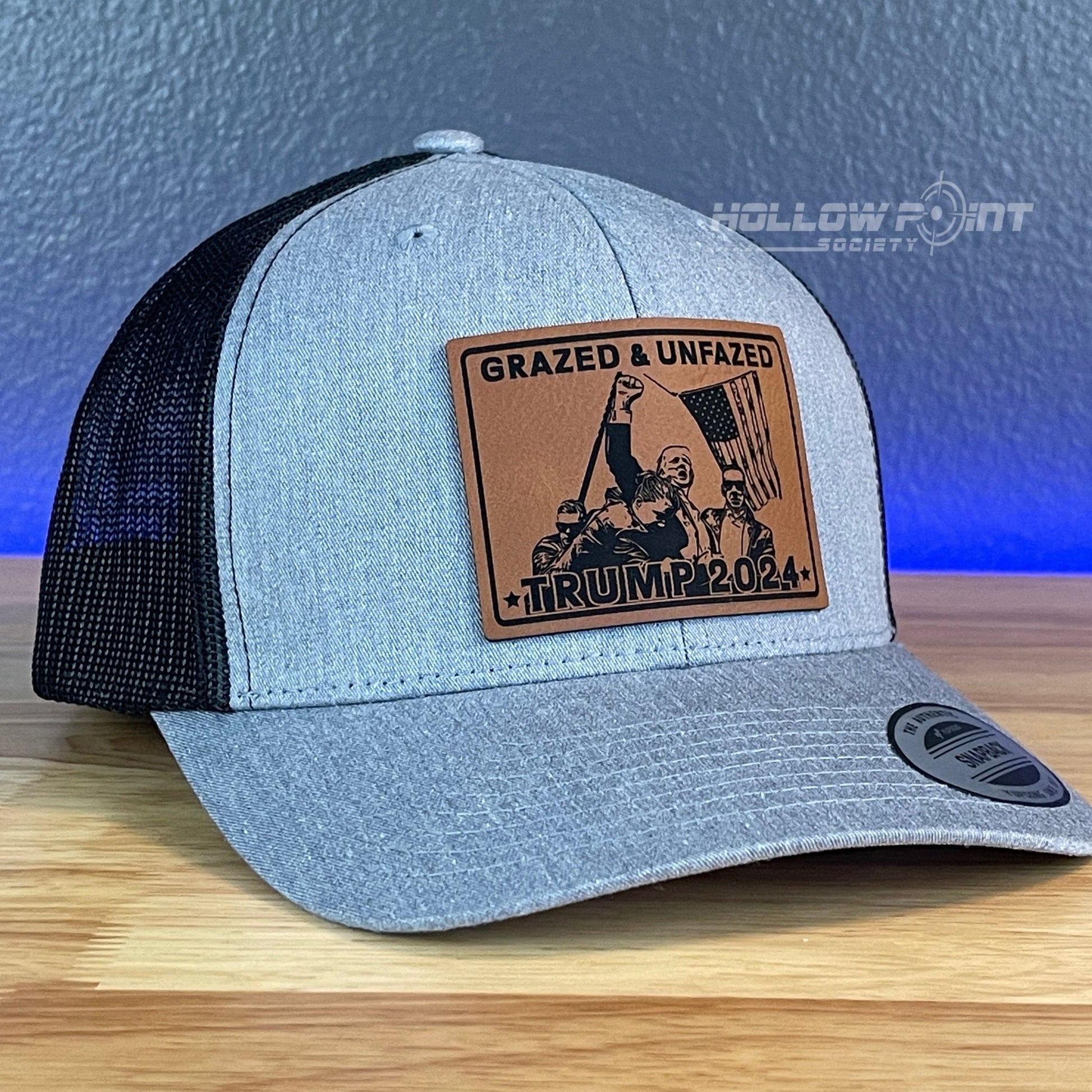 GRAZED & UNFAZED TRUMP 2024 SnapBack Trucker Rawhide Leather Patch Hat - Hollow Point Society - Patch Hat