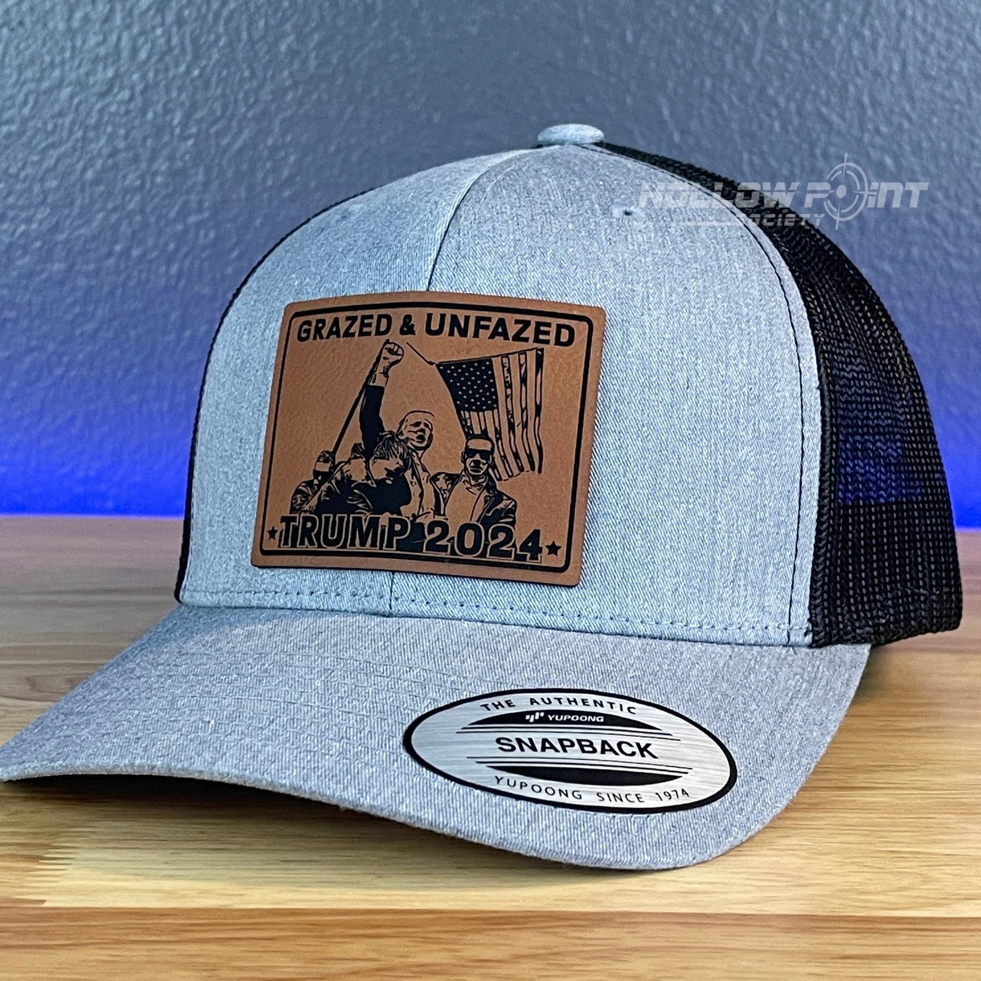 GRAZED & UNFAZED TRUMP 2024 SnapBack Trucker Rawhide Leather Patch Hat - Hollow Point Society - Patch Hat