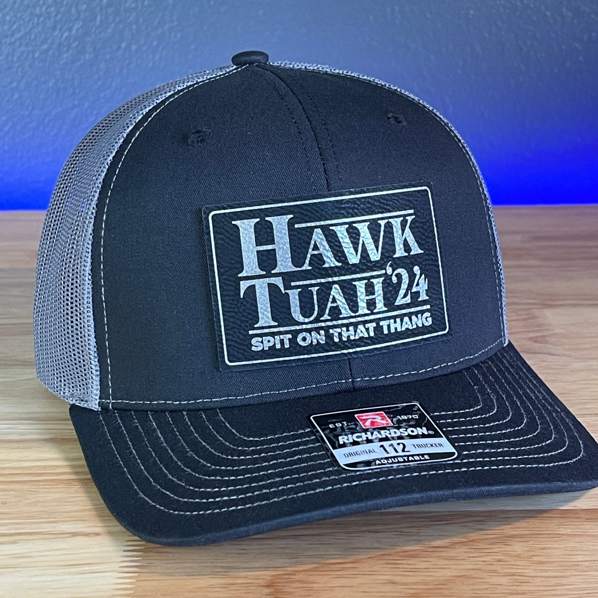 Hawk Tuah Spit On That Thang Viral Leather Patch Hat Black/Charcoal Blk/Silver Patch - Hollow Point Society - Patch Hat