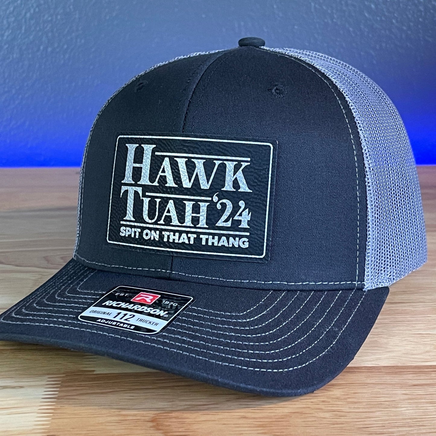 Hawk Tuah Spit On That Thang Viral Leather Patch Hat Black/Charcoal Blk/Silver Patch - Hollow Point Society - Patch Hat