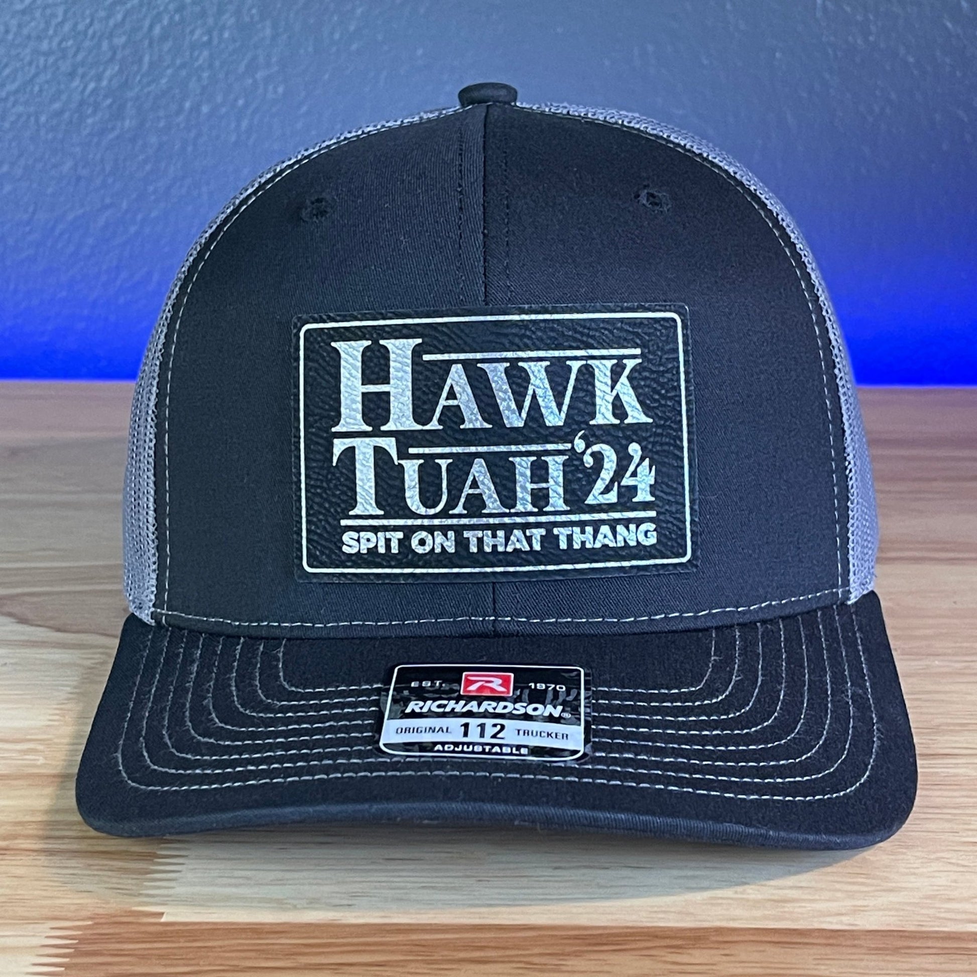 Hawk Tuah Spit On That Thang Viral Leather Patch Hat Black/Charcoal Blk/Silver Patch - Hollow Point Society - Patch Hat