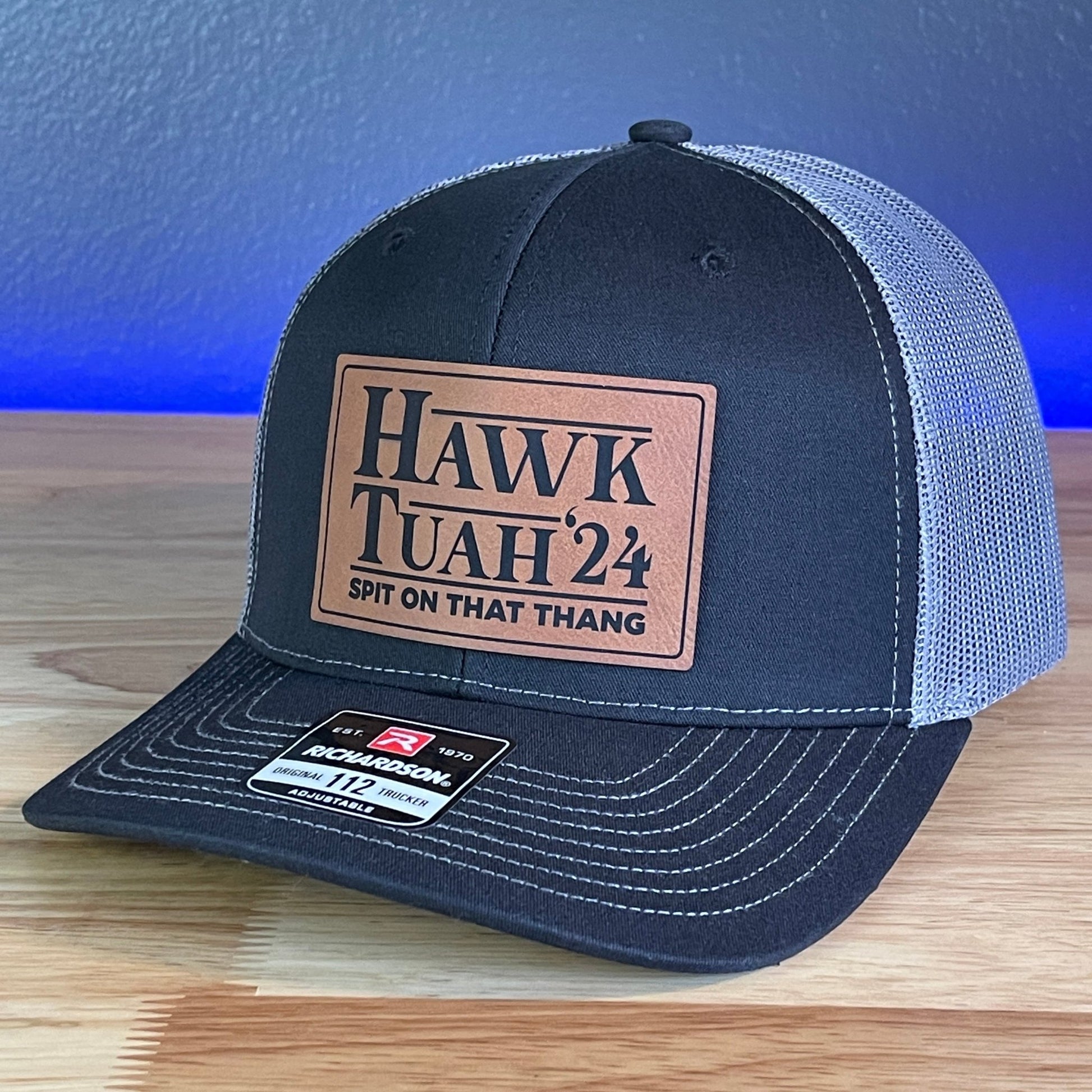 Hawk Tuah Spit On That Thang Viral Leather Patch Hat Black/Charcoal - Hollow Point Society - Patch Hat