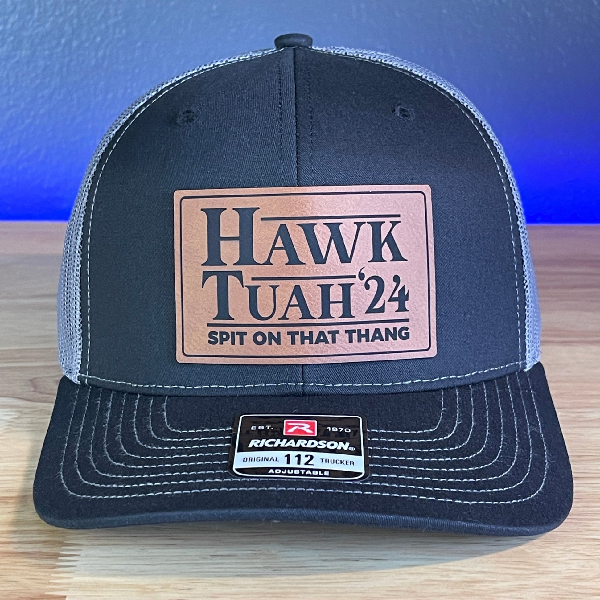 Hawk Tuah Spit On That Thang Viral Leather Patch Hat Black/Charcoal - Hollow Point Society - Patch Hat