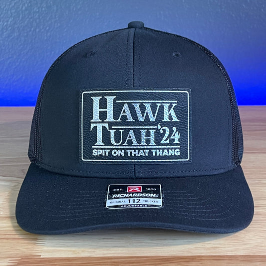 Hawk Tuah Spit On That Thang Viral Leather Patch Hat Black/Silver - Hollow Point Society - Patch Hat