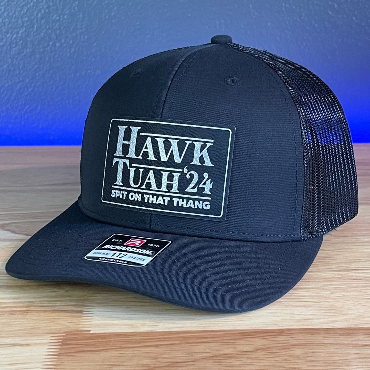 Hawk Tuah Spit On That Thang Viral Leather Patch Hat Black/Silver - Hollow Point Society - Patch Hat