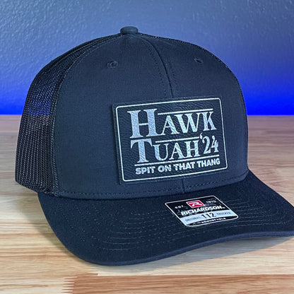 Hawk Tuah Spit On That Thang Viral Leather Patch Hat Black/Silver - Hollow Point Society - Patch Hat