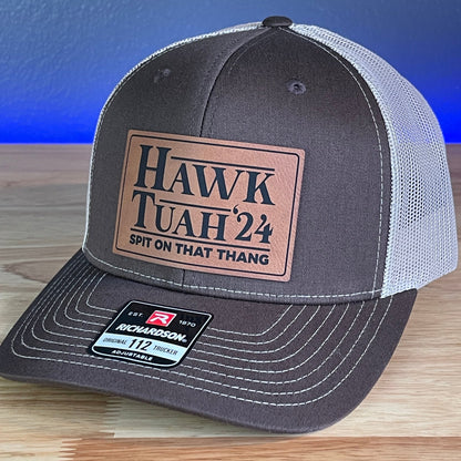 Hawk Tuah Spit On That Thang Viral Leather Patch Hat Brown/Khaki - Hollow Point Society - Patch Hat