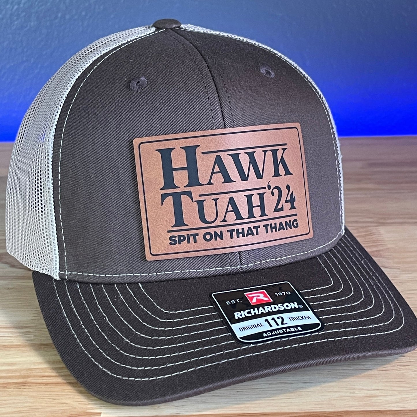 Hawk Tuah Spit On That Thang Viral Leather Patch Hat Brown/Khaki - Hollow Point Society - Patch Hat