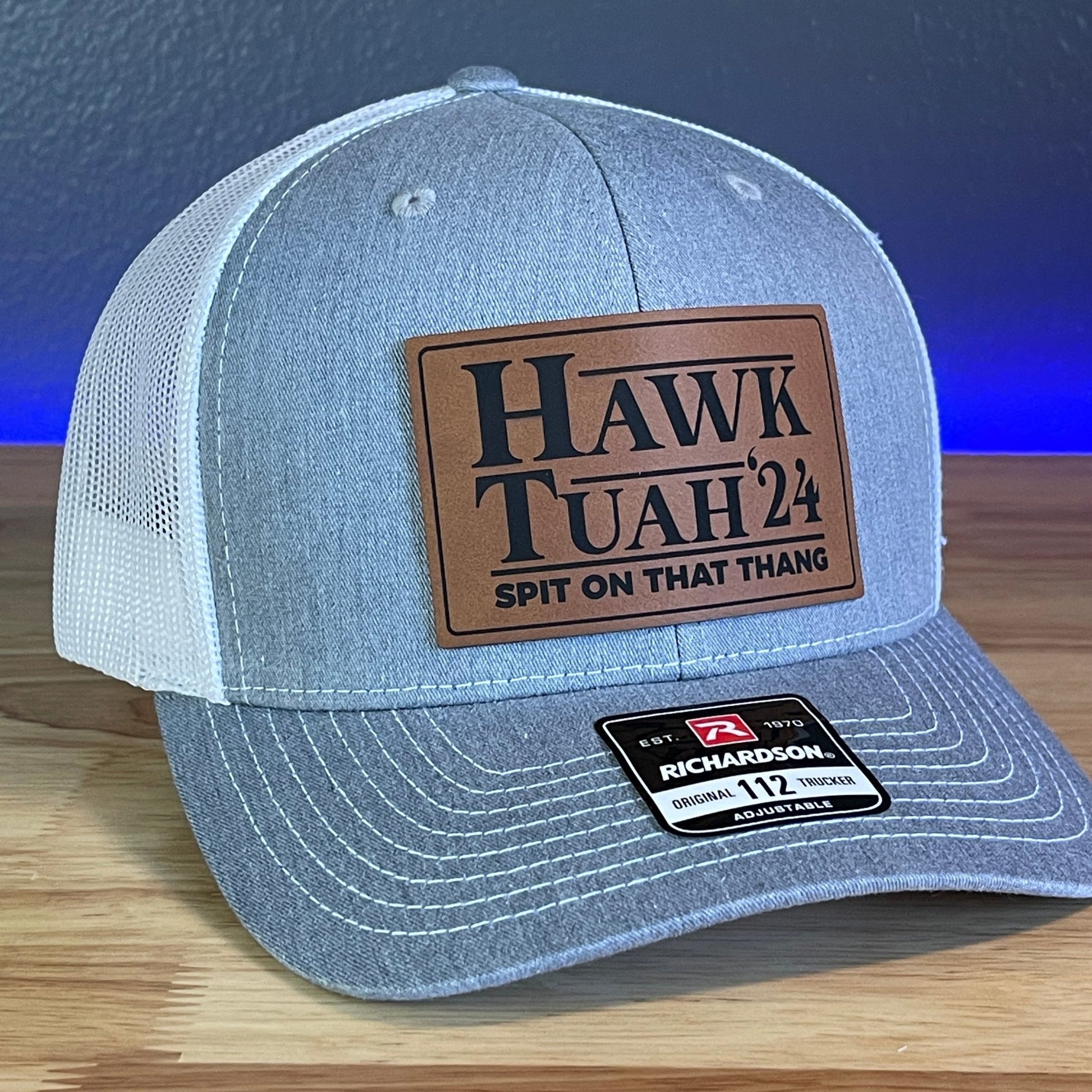 Hawk Tuah Spit On That Thang Viral Leather Patch Hat Grey/White - Hollow Point Society - Patch Hat