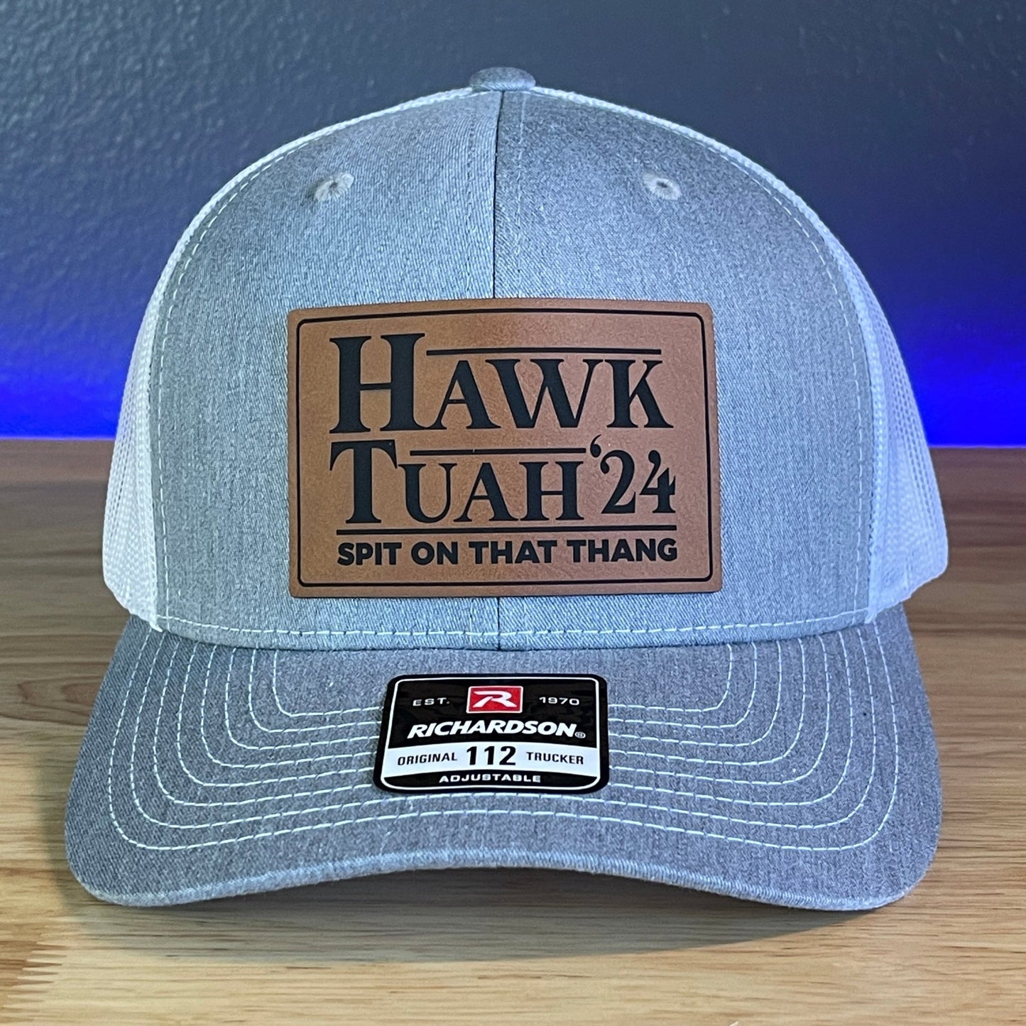 Hawk Tuah Spit On That Thang Viral Leather Patch Hat Grey/White - Hollow Point Society - Patch Hat