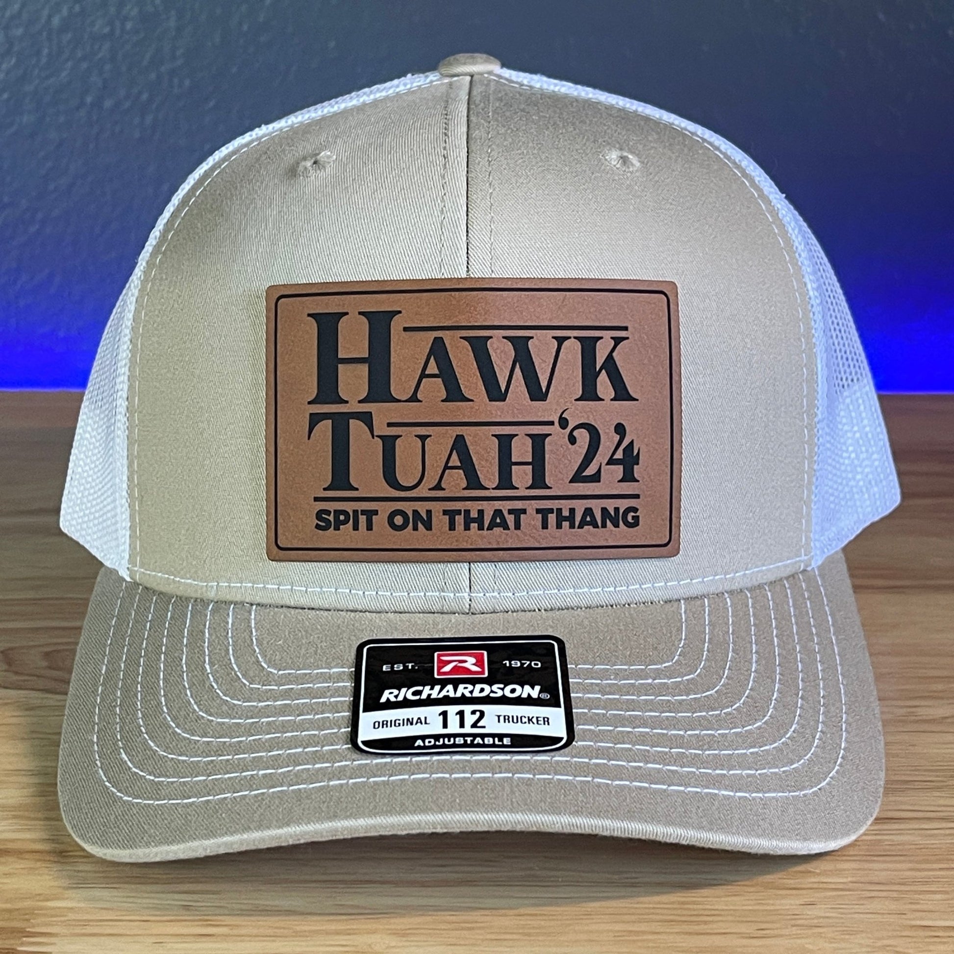 Hawk Tuah Spit On That Thang Viral Leather Patch Hat Khaki/White - Hollow Point Society - Patch Hat