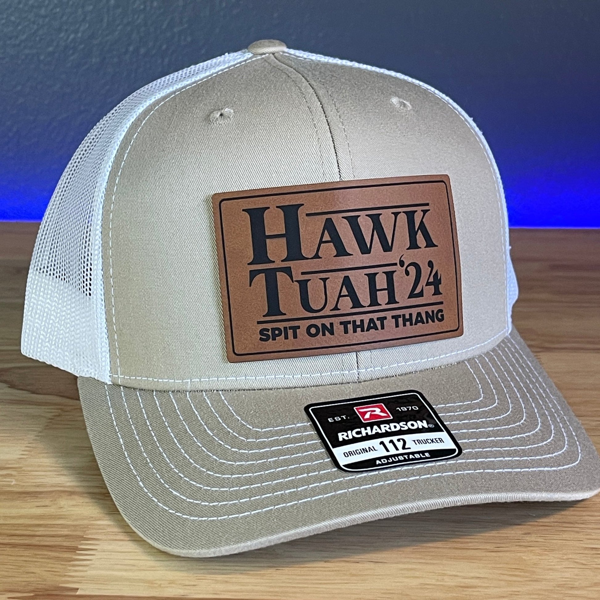 Hawk Tuah Spit On That Thang Viral Leather Patch Hat Khaki/White - Hollow Point Society - Patch Hat