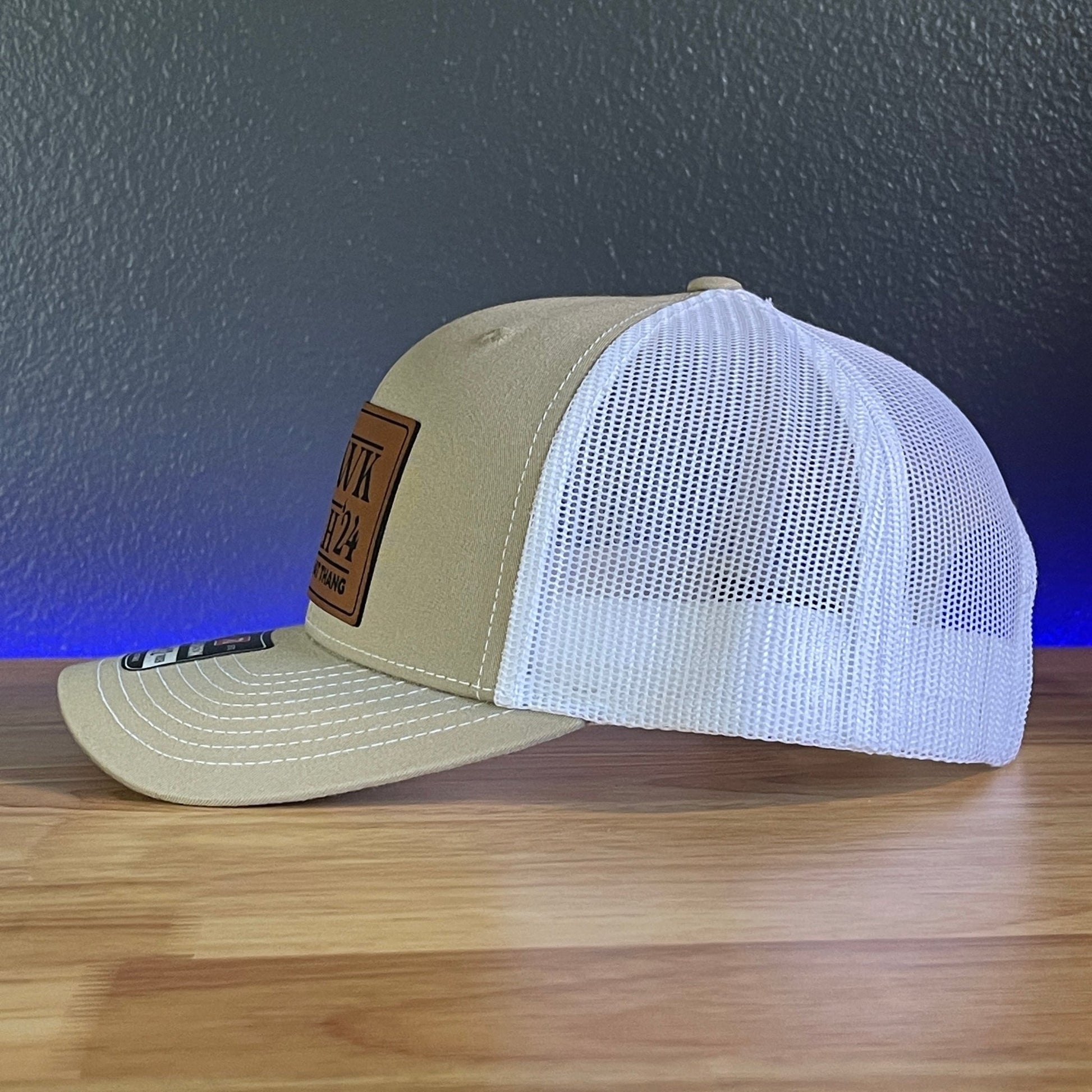 Hawk Tuah Spit On That Thang Viral Leather Patch Hat Khaki/White - Hollow Point Society - Patch Hat