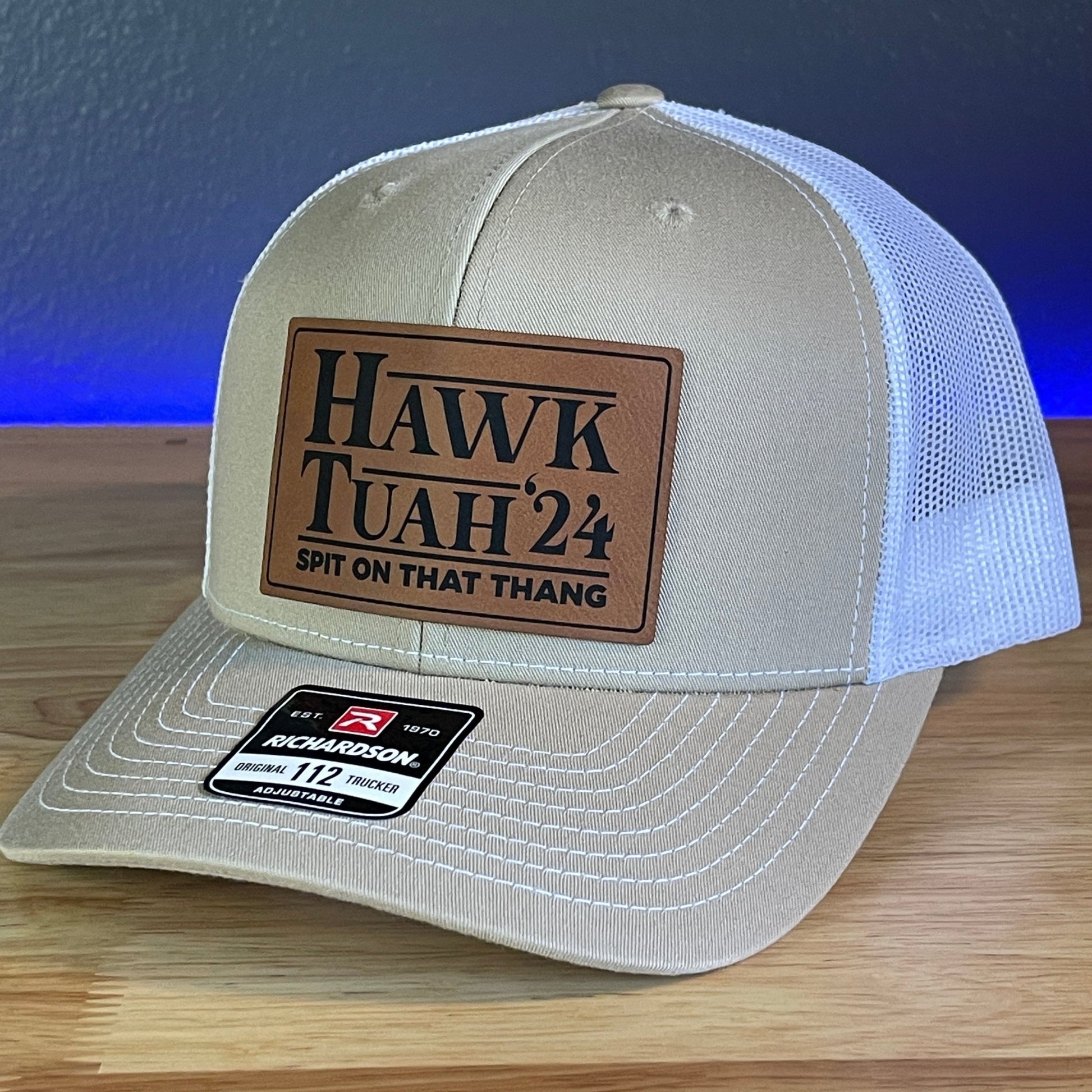 Hawk Tuah Spit On That Thang Viral Leather Patch Hat Khaki/White - Hollow Point Society - Patch Hat