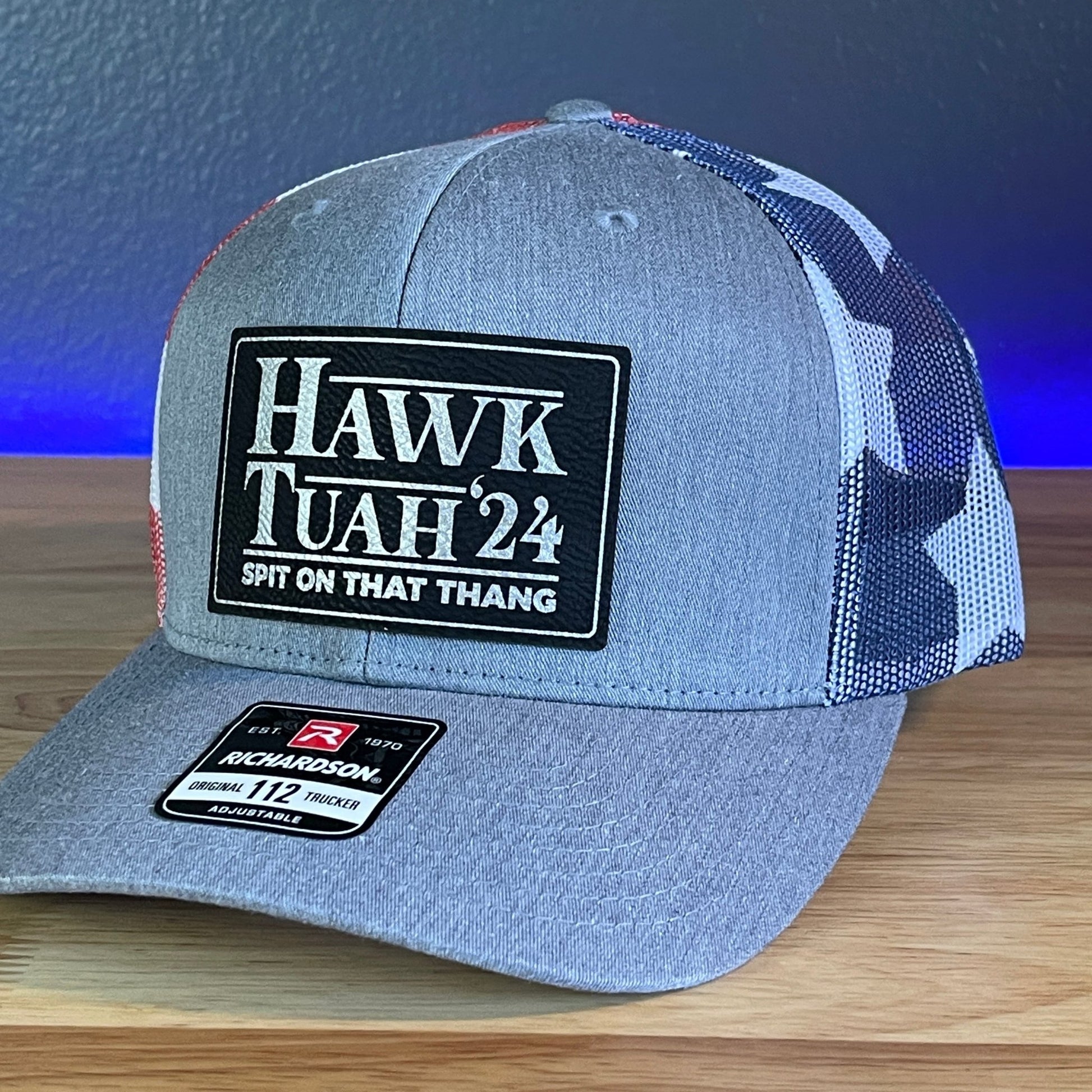 Hawk Tuah Spit On That Thang Viral Leather Patch Hat Stars & Stripes Blk/Silver Patch - Hollow Point Society - Patch Hat