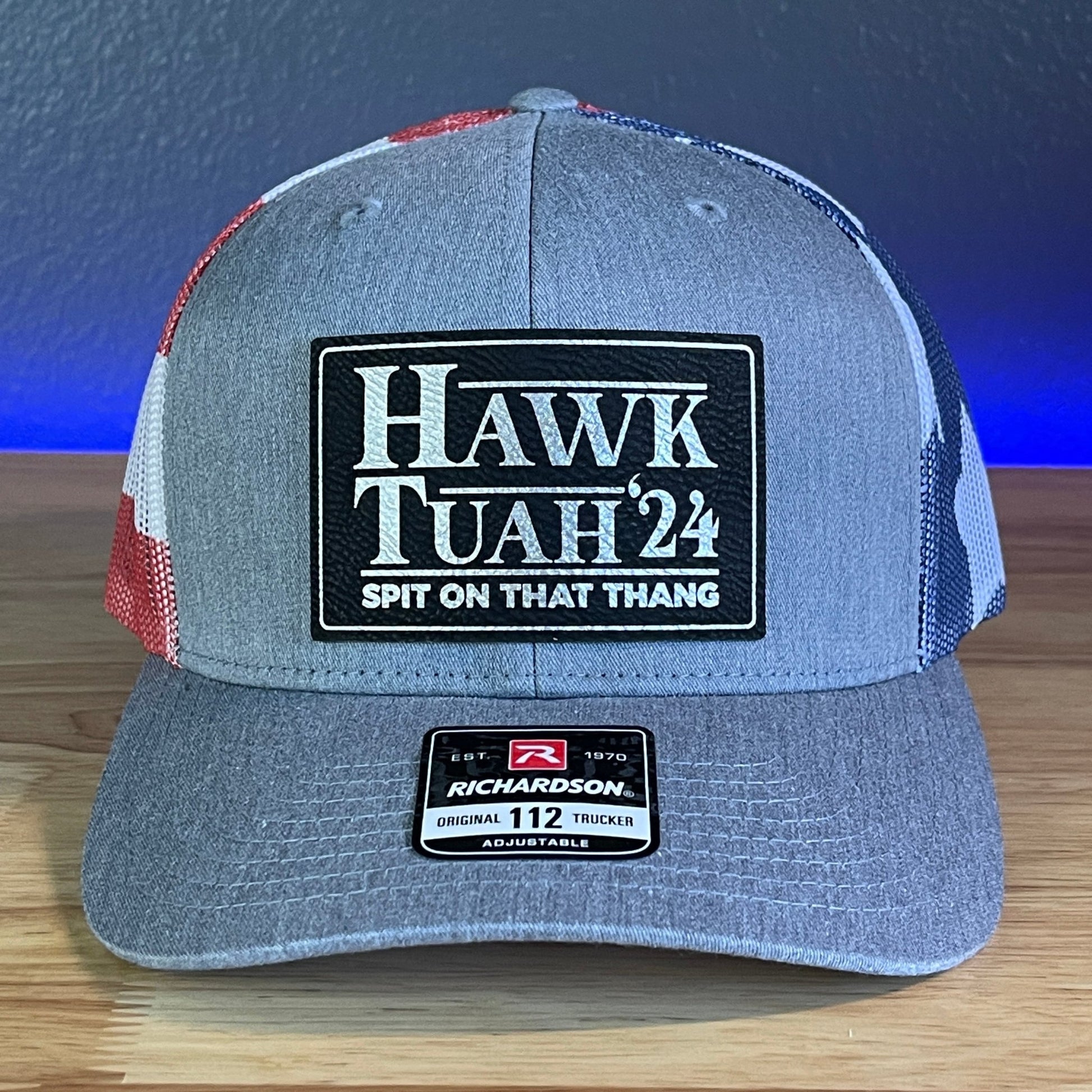 Hawk Tuah Spit On That Thang Viral Leather Patch Hat Stars & Stripes Blk/Silver Patch - Hollow Point Society - Patch Hat