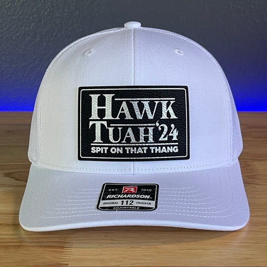 Hawk Tuah Spit On That Thang Viral Leather Patch Trucker Hat White Blk/Silver Patch - Hollow Point Society - Patch Hat