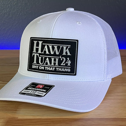 Hawk Tuah Spit On That Thang Viral Leather Patch Trucker Hat White Blk/Silver Patch - Hollow Point Society - Patch Hat