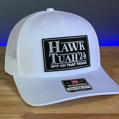 Hawk Tuah Spit On That Thang Viral Leather Patch Trucker Hat White Blk/Silver Patch - Hollow Point Society - Patch Hat