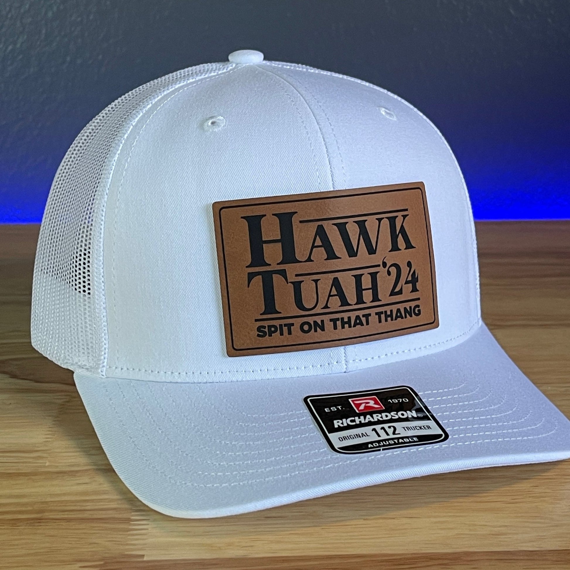 Hawk Tuah Spit On That Thang Viral Leather Patch Trucker Hat White Rawhide Patch - Hollow Point Society - Patch Hat