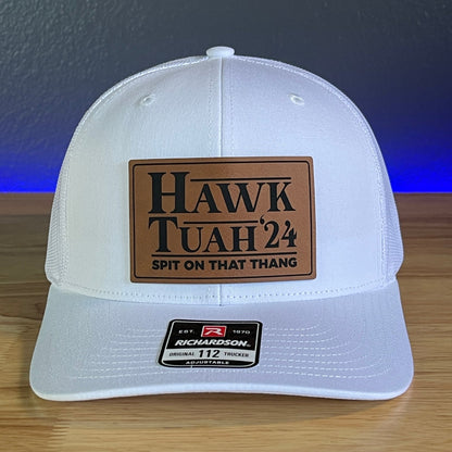 Hawk Tuah Spit On That Thang Viral Leather Patch Trucker Hat White Rawhide Patch - Hollow Point Society - Patch Hat