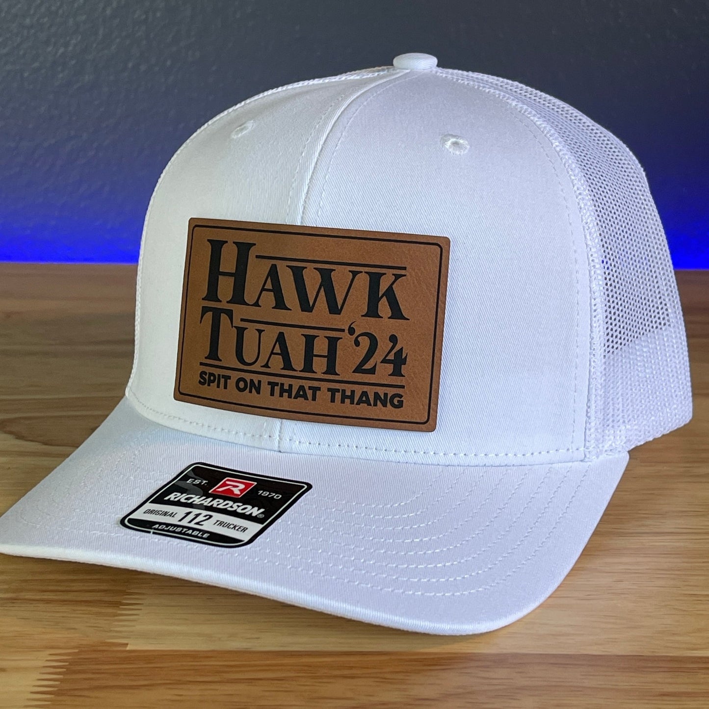 Hawk Tuah Spit On That Thang Viral Leather Patch Trucker Hat White Rawhide Patch - Hollow Point Society - Patch Hat