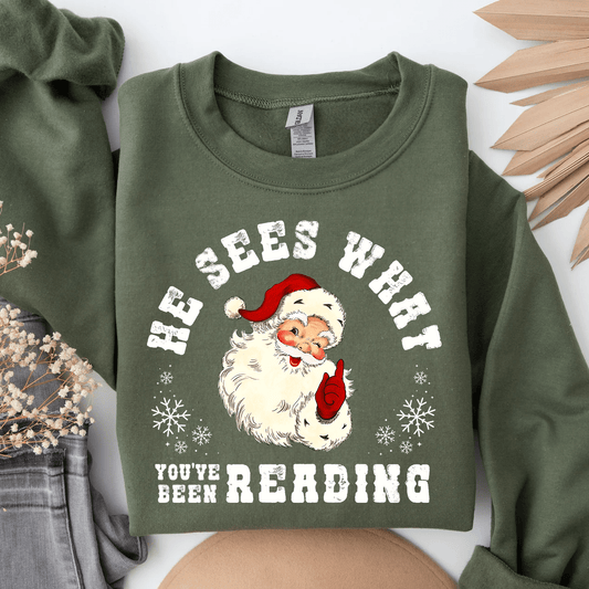 He Sees What You've Been Reading Santa Sweatshirt Christmas Sweater - Hollow Point Society - Sweater