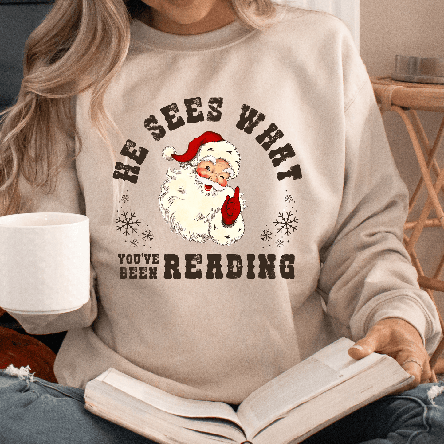He Sees What You've Been Reading Santa Sweatshirt Christmas Sweater - Hollow Point Society - Sweater