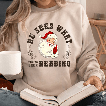 He Sees What You've Been Reading Santa Sweatshirt Christmas Sweater - Hollow Point Society - Sweater
