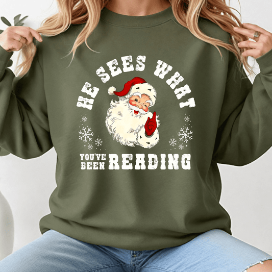 He Sees What You've Been Reading Santa Sweatshirt Christmas Sweater - Hollow Point Society - Sweater