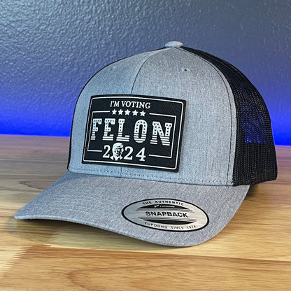 I'm Voting FELON Trump 2024 Rectangular Trucker Hat Leather Patch Hat Black/Silver - Hollow Point Society - Patch Hat