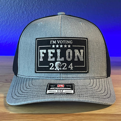 I'm Voting FELON Trump 2024 Rectangular Trucker Hat Leather Patch Hat Black/Silver - Hollow Point Society - Patch Hat