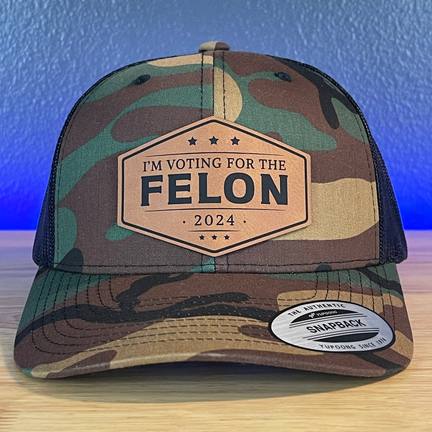 I'm Voting For The FELON Trump 2024 Leather Patch Hat Camo/Black Rawhide - Hollow Point Society - Patch Hat