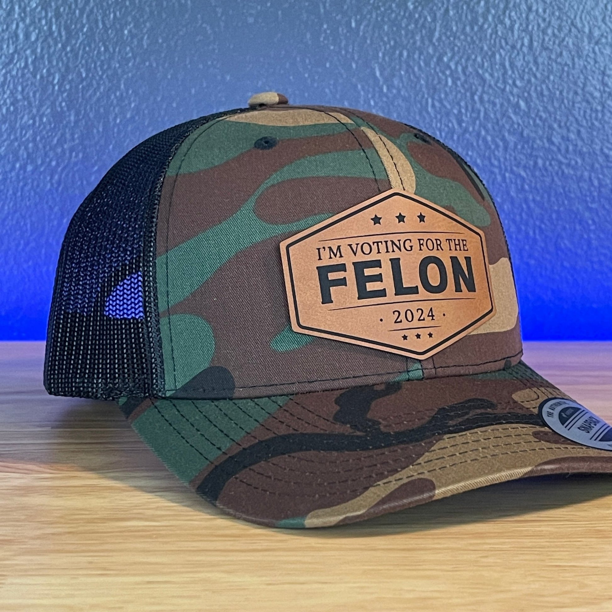 I'm Voting For The FELON Trump 2024 Leather Patch Hat Camo/Black Rawhide - Hollow Point Society - Patch Hat