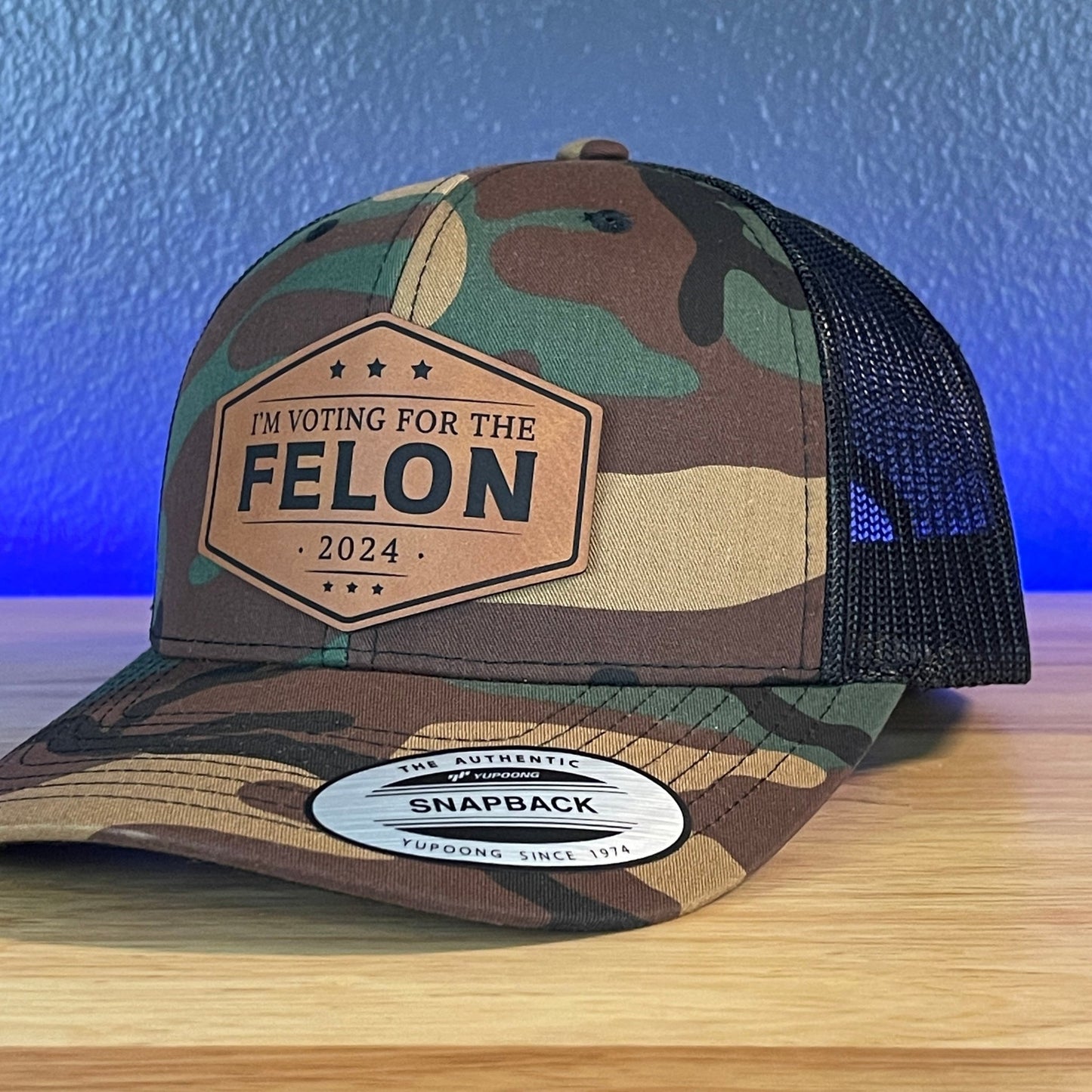 I'm Voting For The FELON Trump 2024 Leather Patch Hat Camo/Black Rawhide - Hollow Point Society - Patch Hat