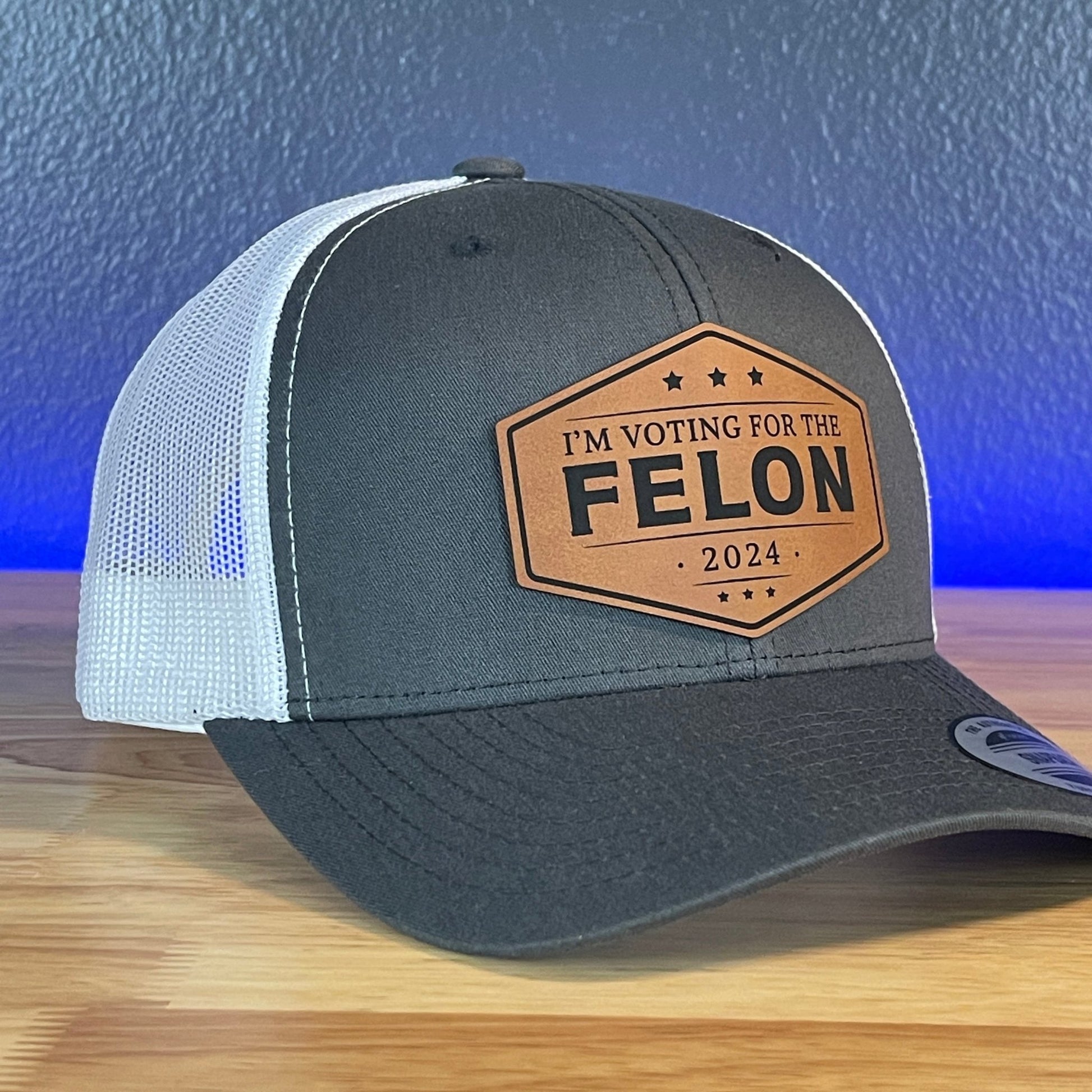 I'm Voting For The FELON Trump 2024 Leather Patch Hat Rawhide Charcoal/White - Hollow Point Society - Patch Hat