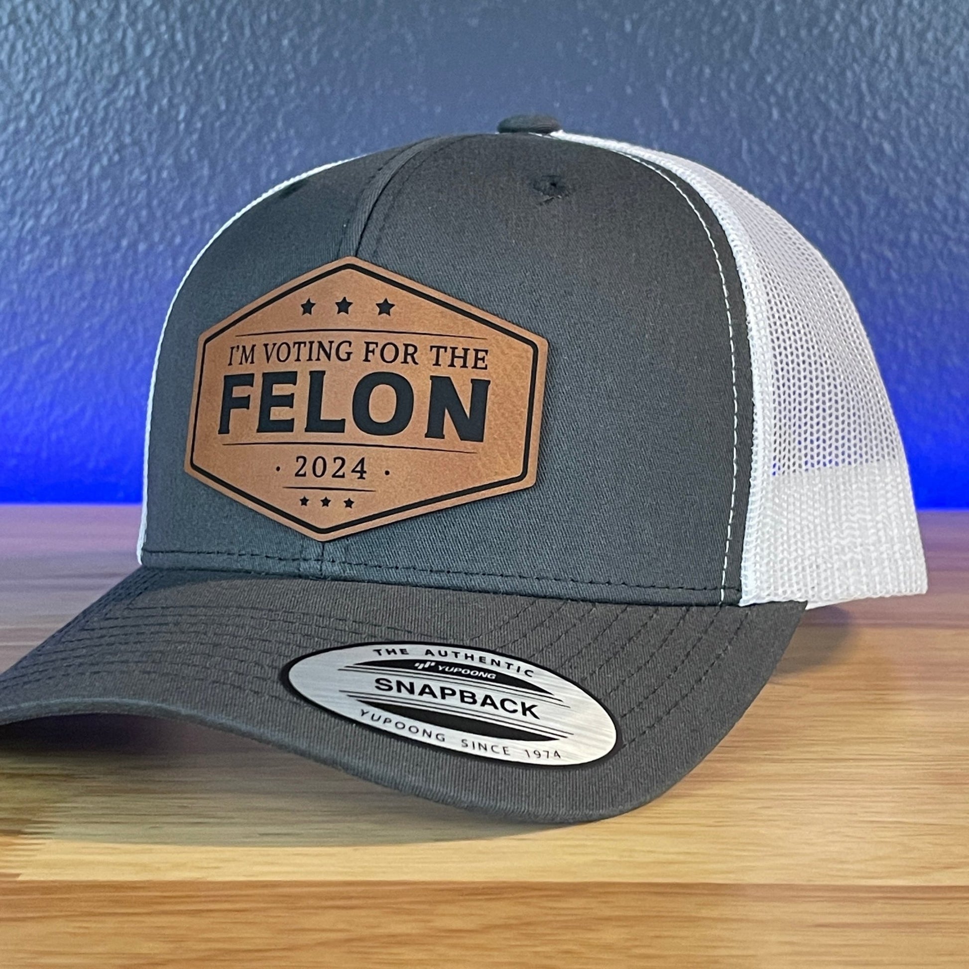 I'm Voting For The FELON Trump 2024 Leather Patch Hat Rawhide Charcoal/White - Hollow Point Society - Patch Hat