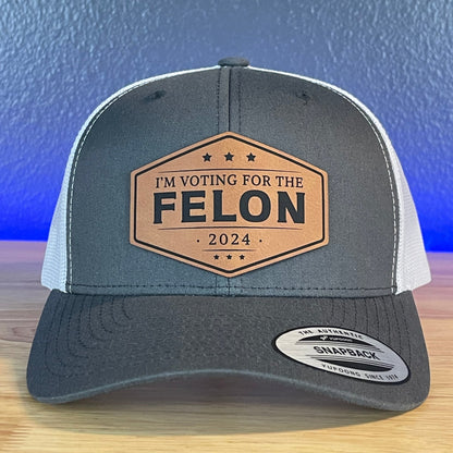 I'm Voting For The FELON Trump 2024 Leather Patch Hat Rawhide Charcoal/White - Hollow Point Society - Patch Hat