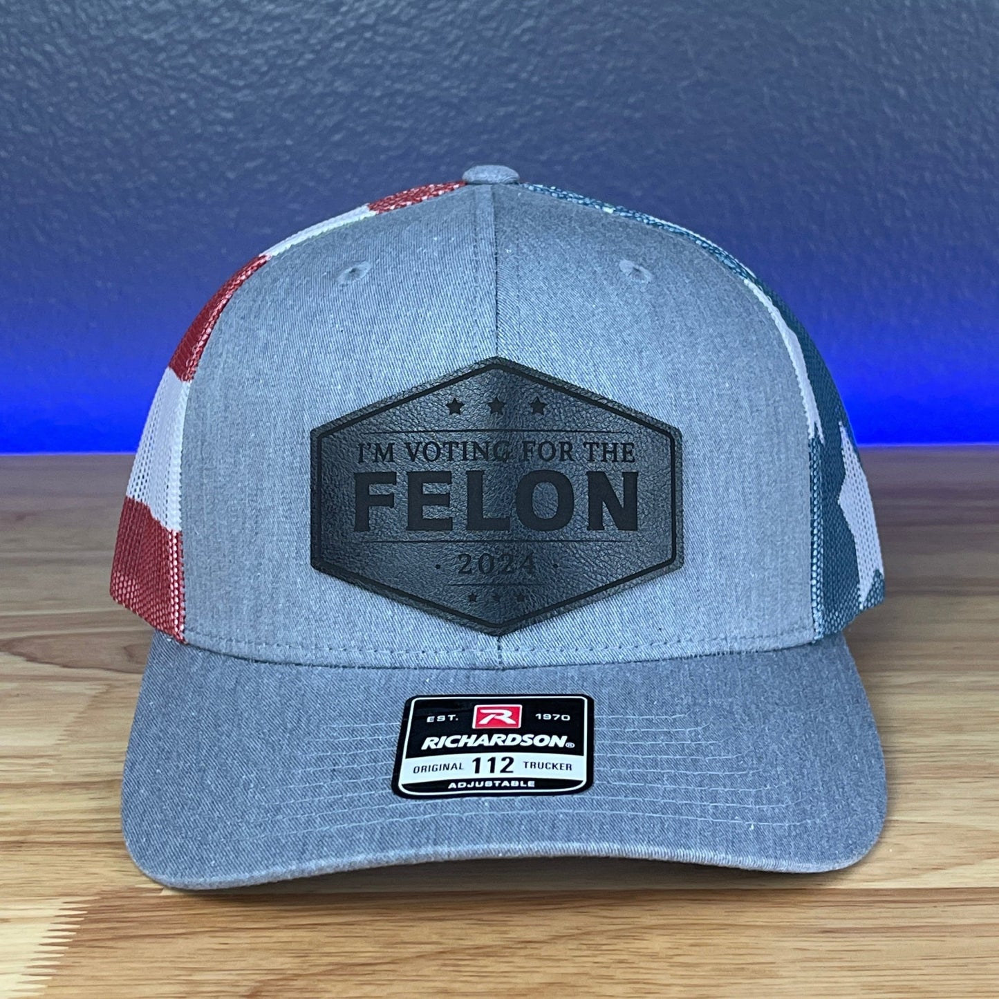 I'M VOTING FOR THE FELON Trump 2024 Leather Patch SnapBack Trucker Hat Black - Hollow Point Society - Patch Hat